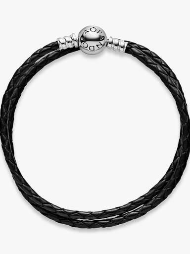 Pandora Moments dubbelt svart läderarmband