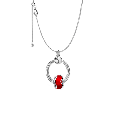Moments Small O Pendant Chain Necklace med Frosted Murano Glass & Hearts Charm Set