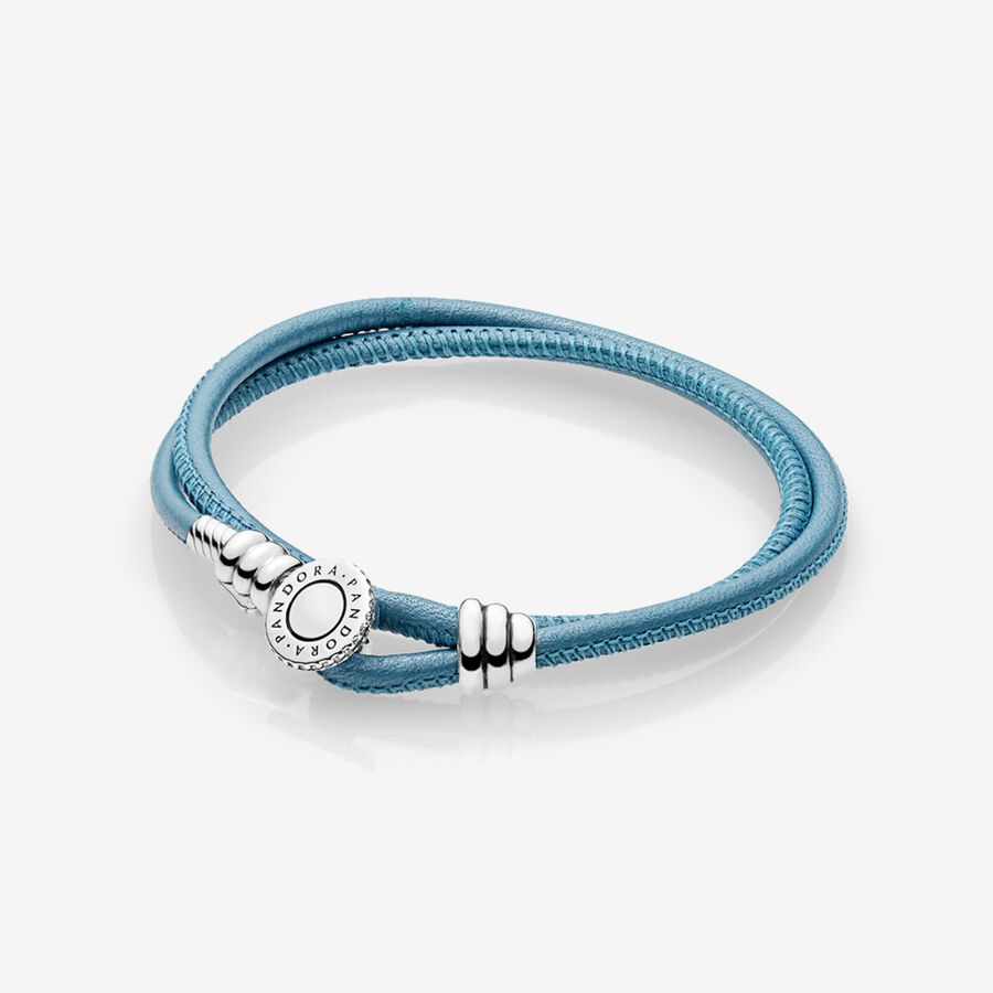 Silver leather bracelet, double, turquoise and clear cubic zirconia image number 0