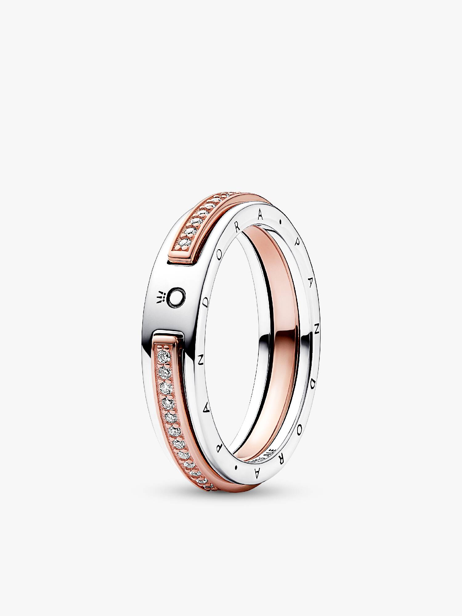 Pandora Signature tvåfärgad ring med logotyp och pavéinfattade stenar