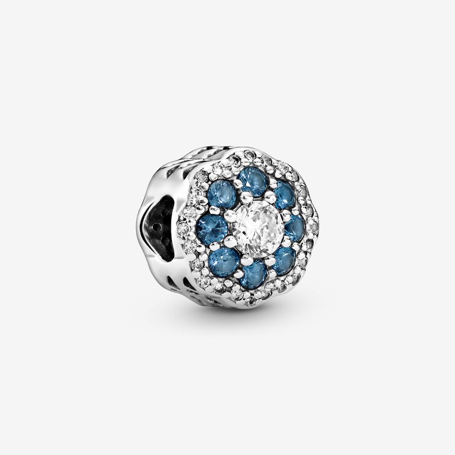 Flower silver charm with moonlight blue crystal and clear cubic zirconia image number 0