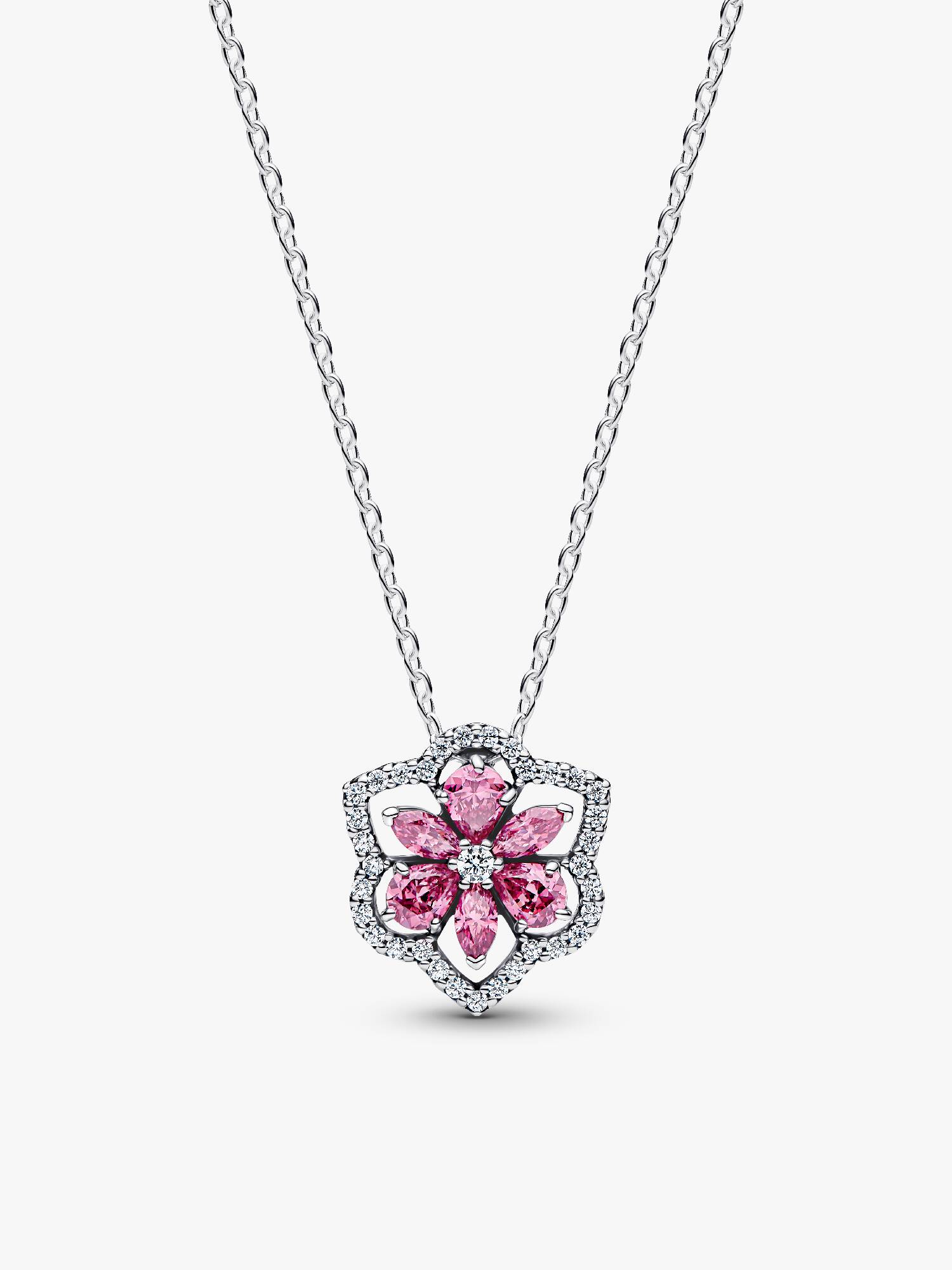 Halsband med hängsmycke och glittrande rosa blomma