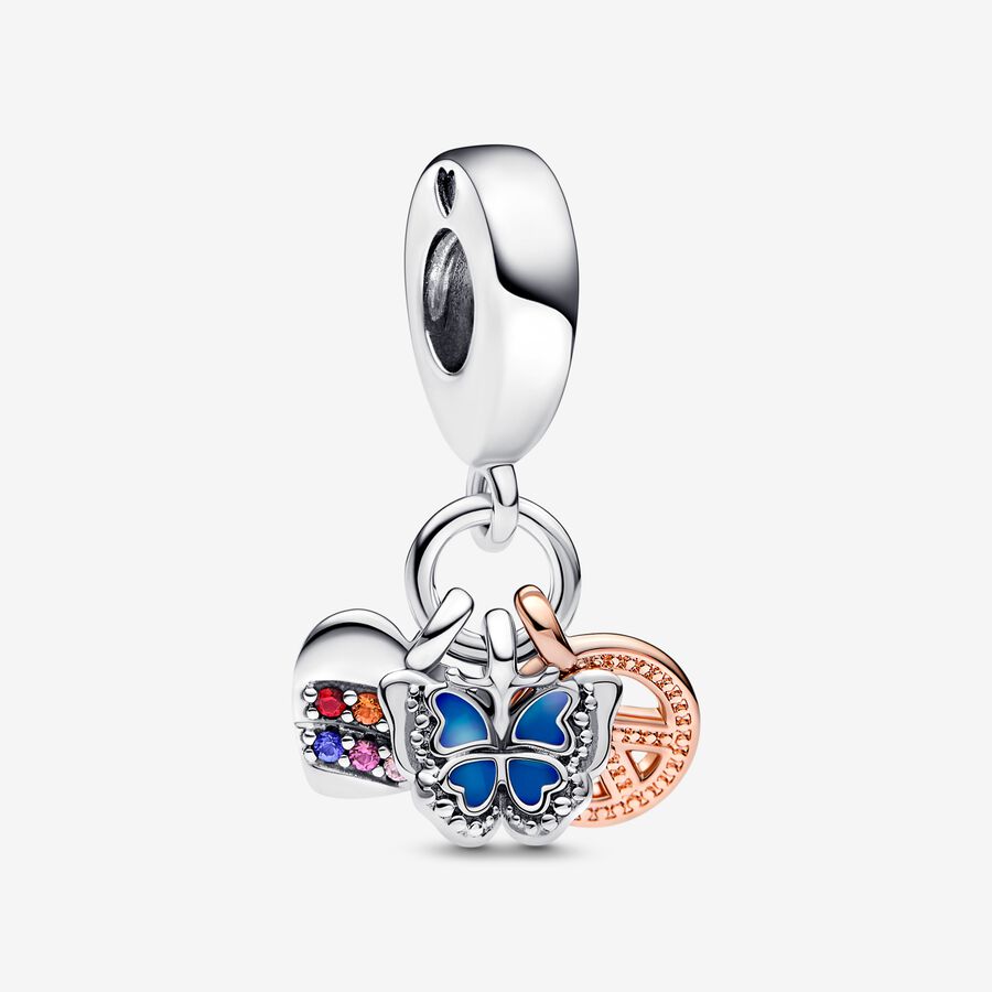 Tvåfärgad hängberlock med regnbågshjärta, fjäril och fredsmärke image number 0