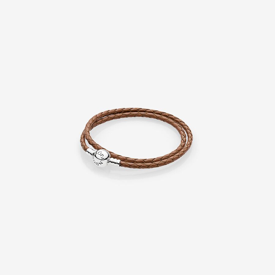 Silver leather bracelet, double, brown image number 0
