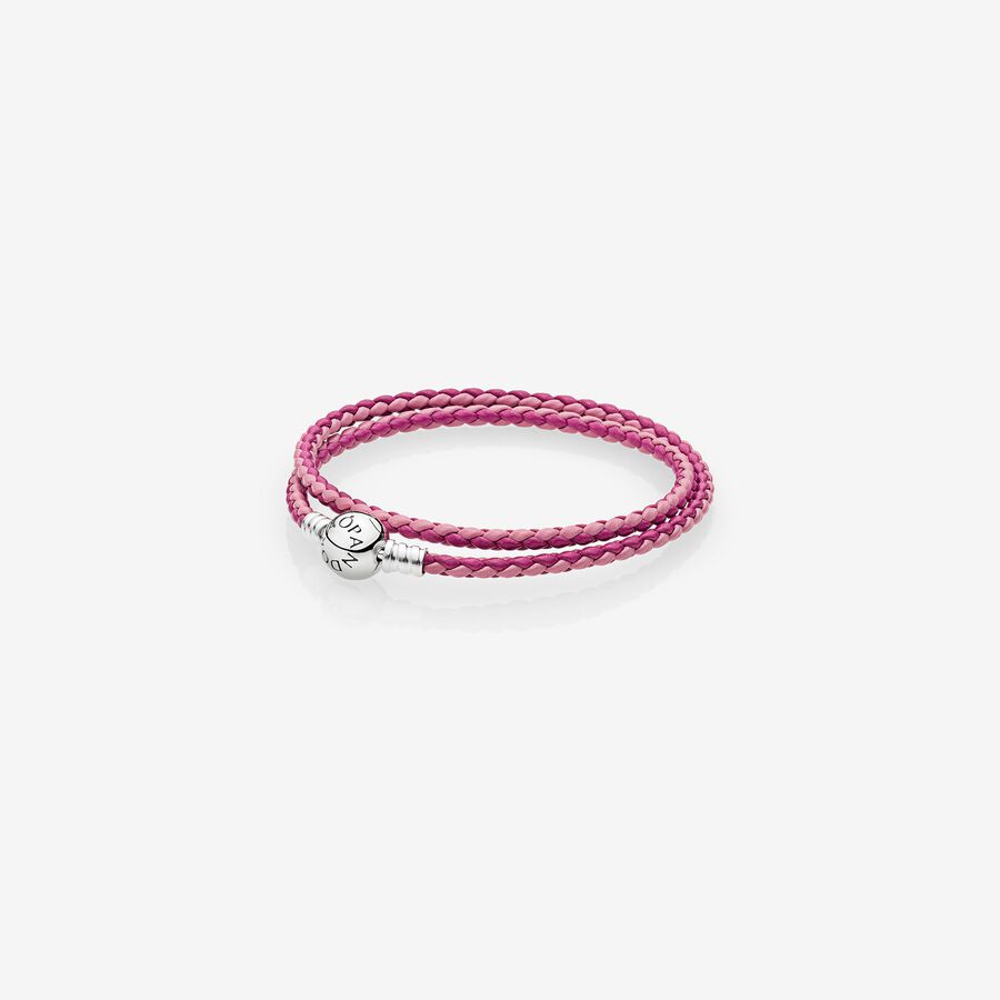 Silver leather bracelet, double, pink colour mix image number 0