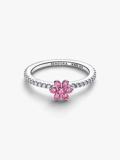 Ring med glittrande rosa blomma
