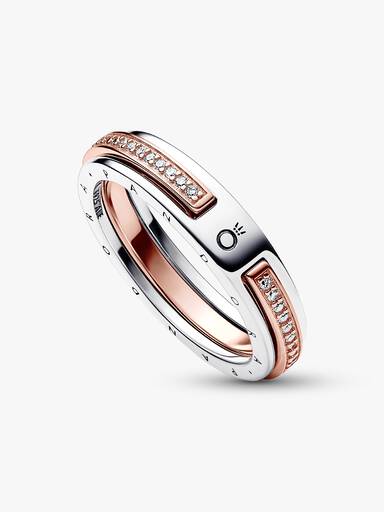 Pandora Signature tvåfärgad ring med logotyp och pavéinfattade stenar