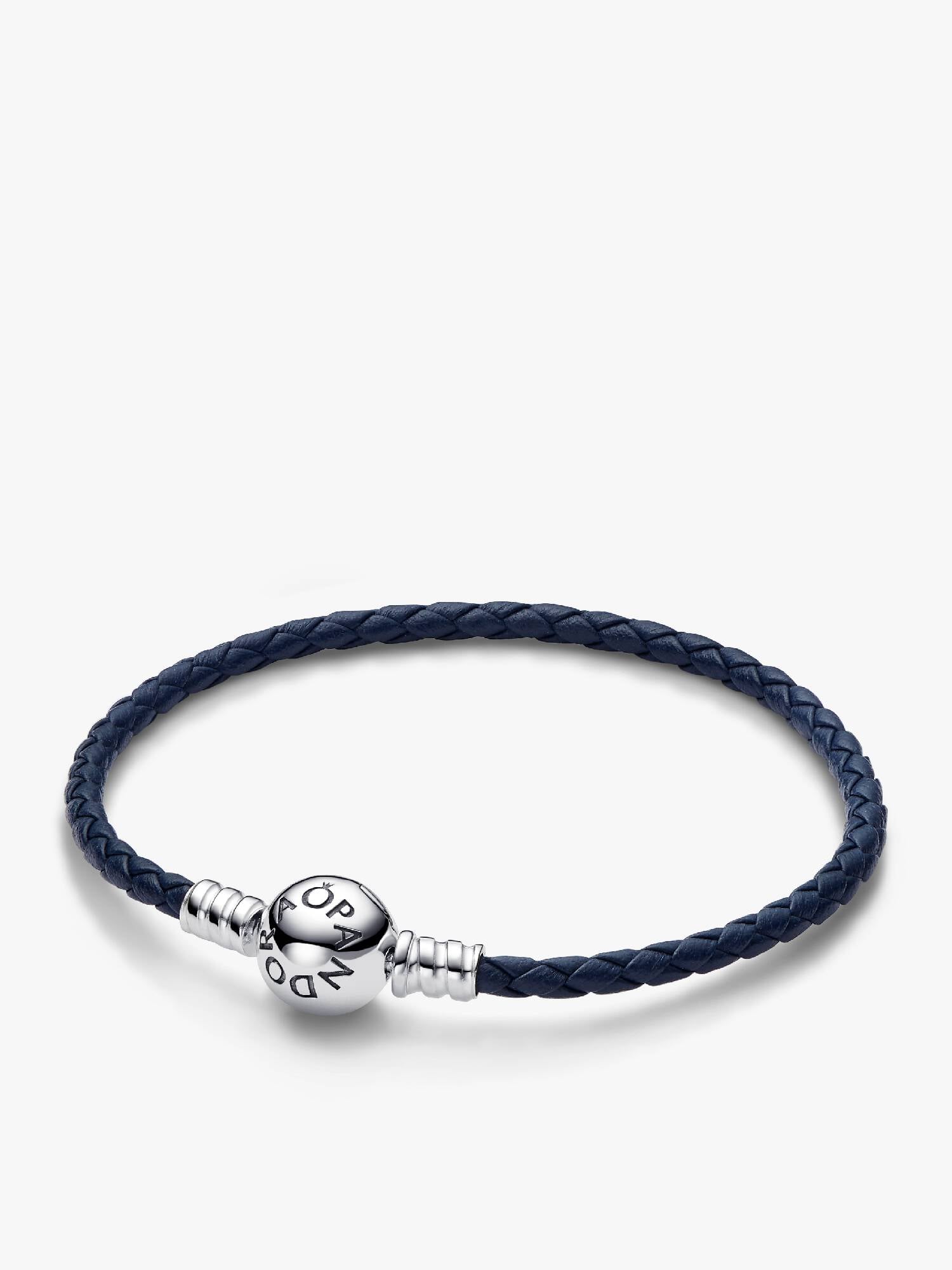 Pandora Moments flätat läderarmband med runt blå lås