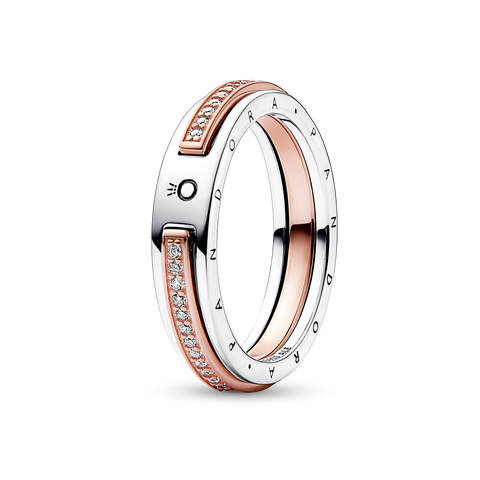 Pandora Signature tvåfärgad ring med logotyp och pavéinfattade stenar