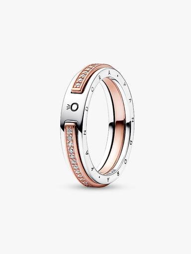 Pandora Signature tvåfärgad ring med logotyp och pavéinfattade stenar