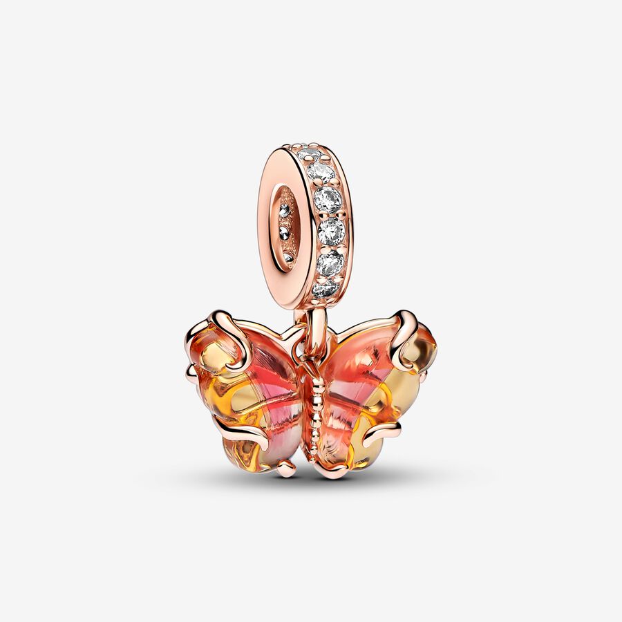 Hängberlock med fjäril i gult och rosa muranoglas image number 0
