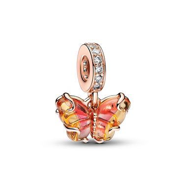 Hängberlock med fjäril i gult och rosa muranoglas